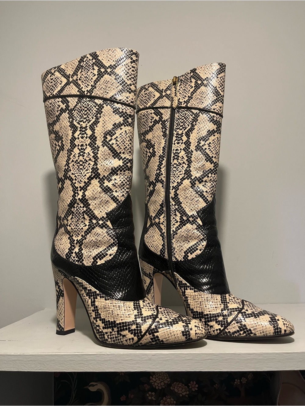 Gucci Black and Cream Snake-Print Mid-Calf Boots